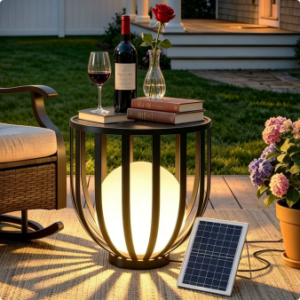 22" Solar Outdoor Side Table, Round LED Metal Patio Table