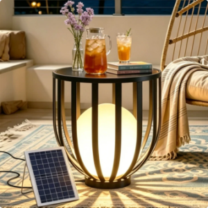 Outdoor Solar Patio Side Table, 20" Black Round Table Made of Metal