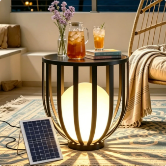 Outdoor Solar Patio Side Table, 20" Black Round Table Made of Metal