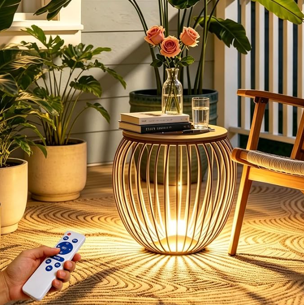 18" Outdoor Solar Side Table, Black Metal Material with Remote