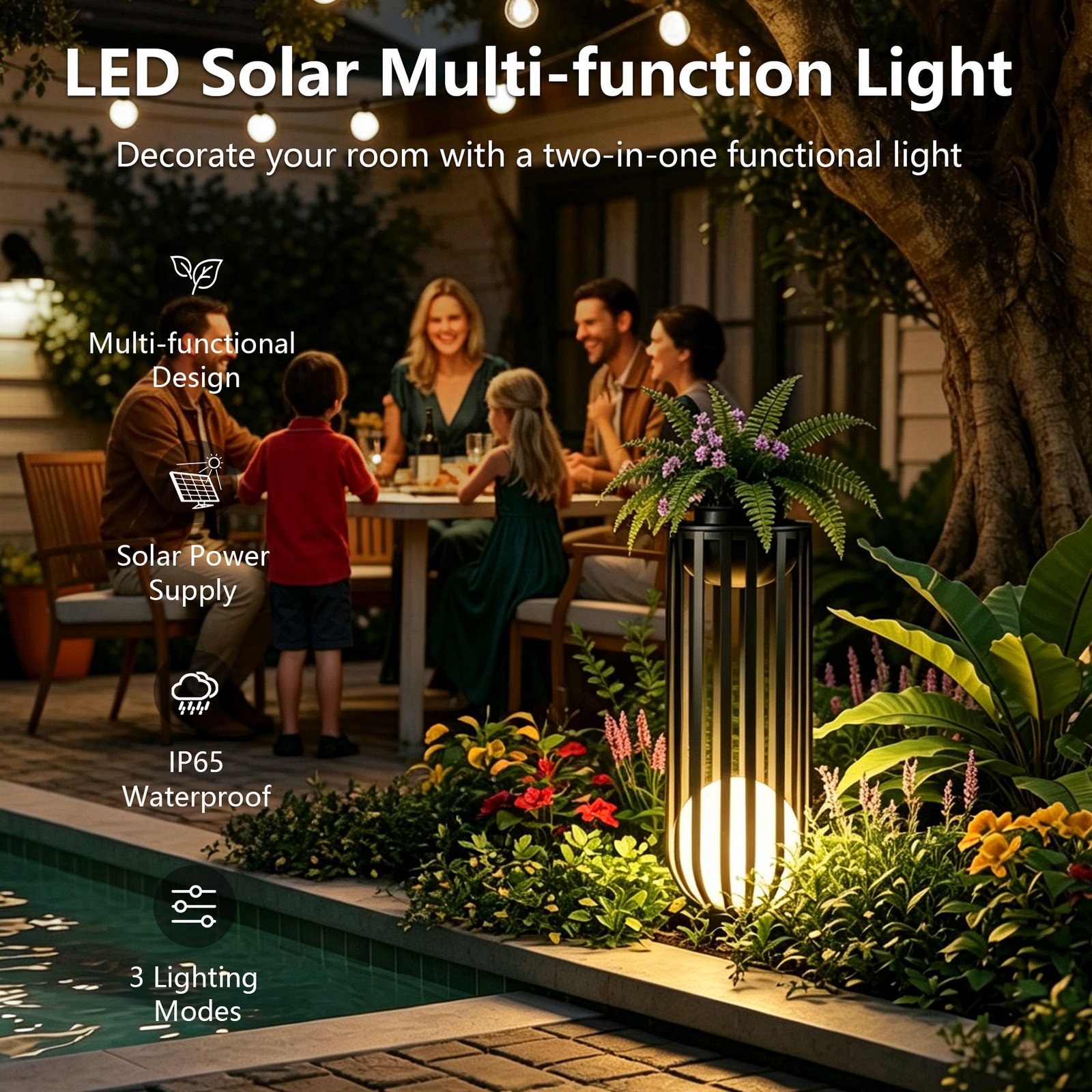 26 Inch Solar Outdoor Plant Stand, Black Metal Material and Remote Control - 图片 2