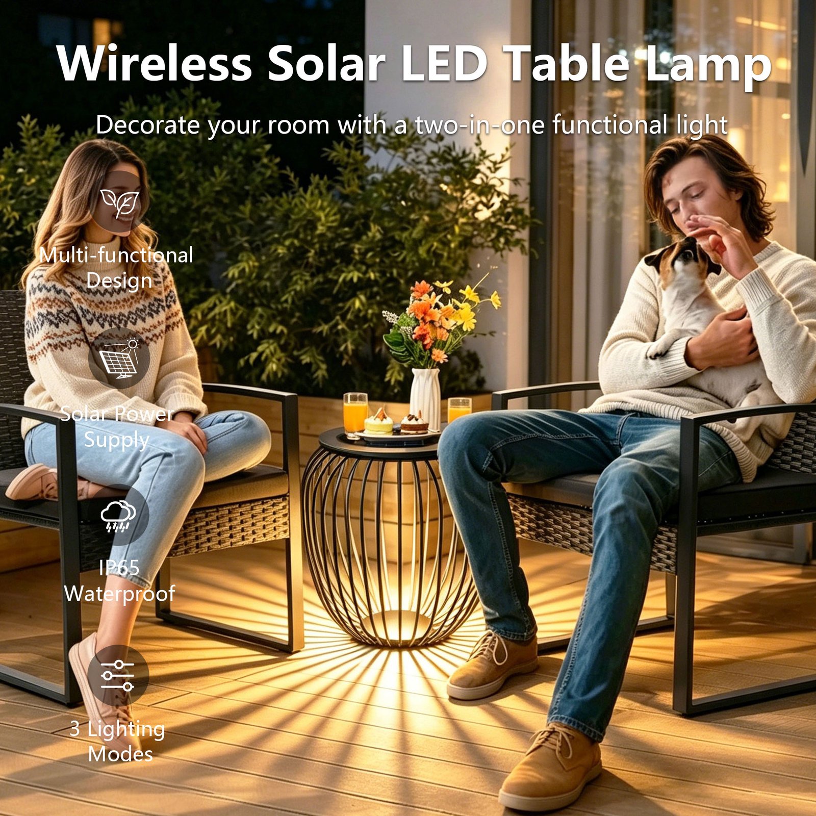 18" Outdoor Solar Side Table, Black Metal Material with Remote - 图片 2