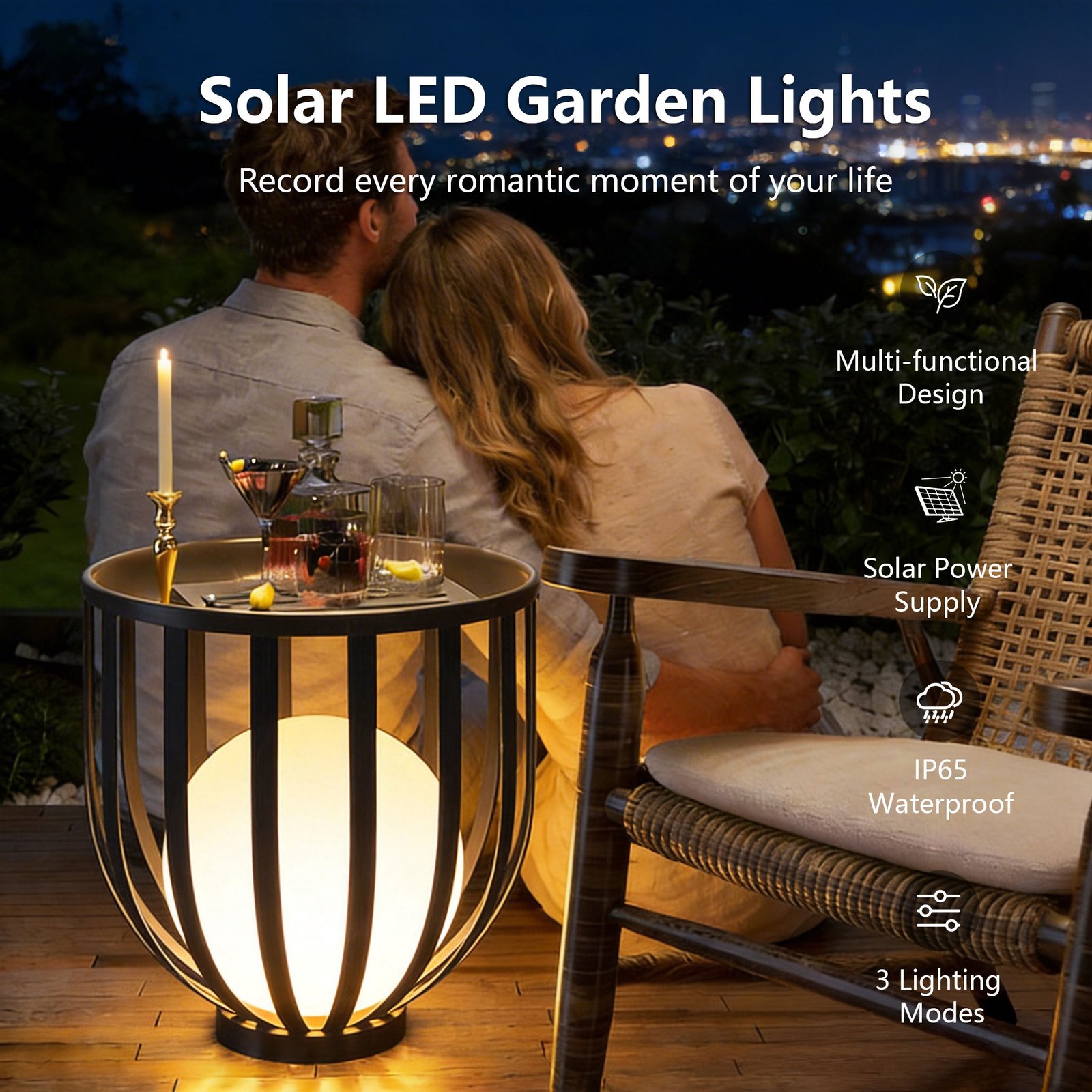 Outdoor Solar Patio Side Table, 20" Black Round Table Made of Metal - 图片 2