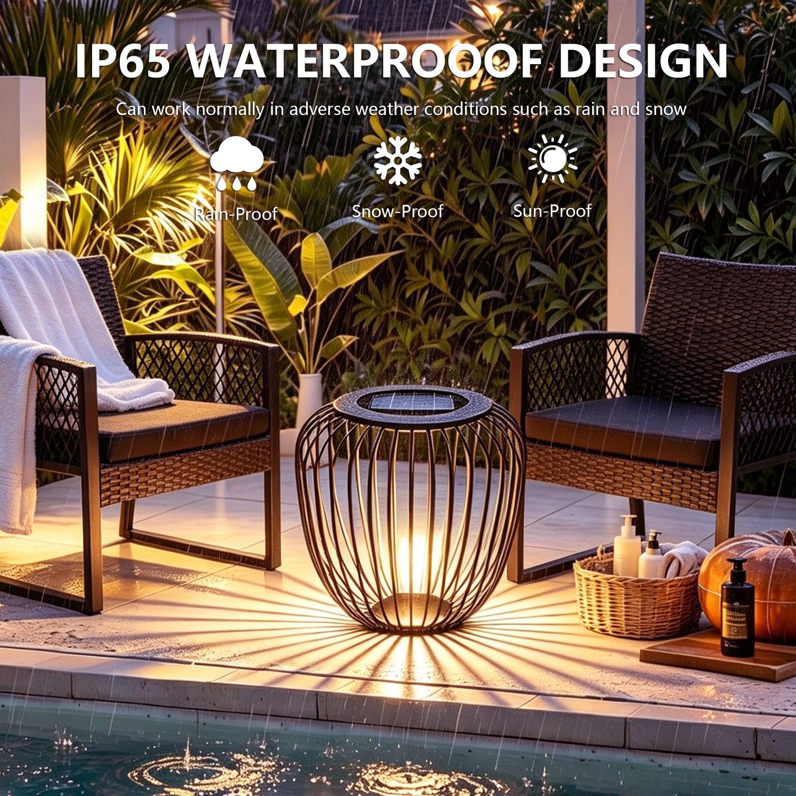18" Outdoor Solar Side Table, Black Metal Material with Remote - 图片 3
