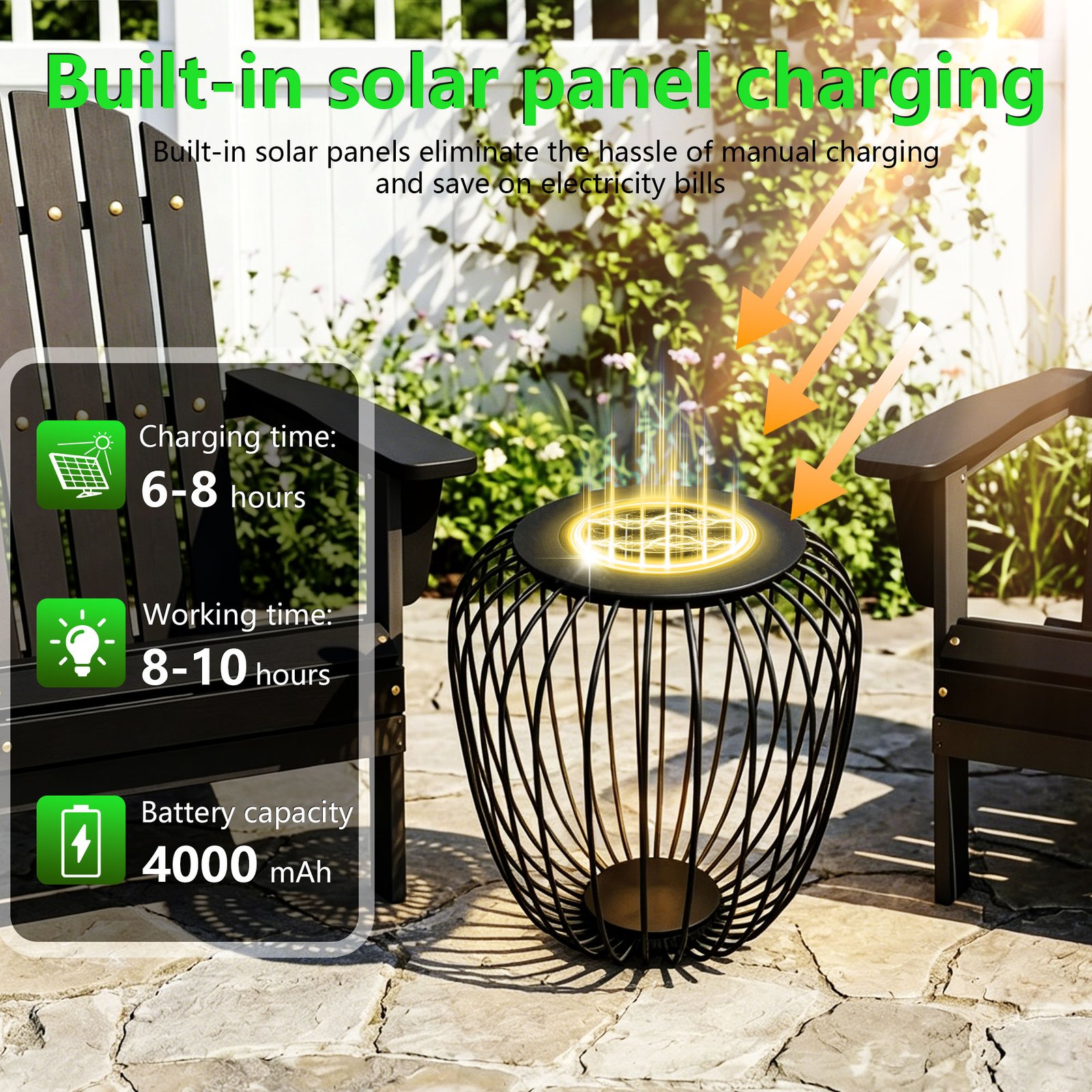 18" Outdoor Solar Side Table, Black Metal Material with Remote - 图片 4
