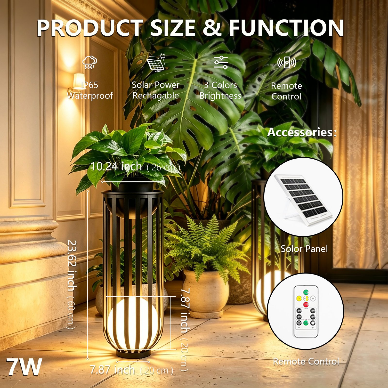 26 Inch Solar Outdoor Plant Stand, Black Metal Material and Remote Control - 图片 4