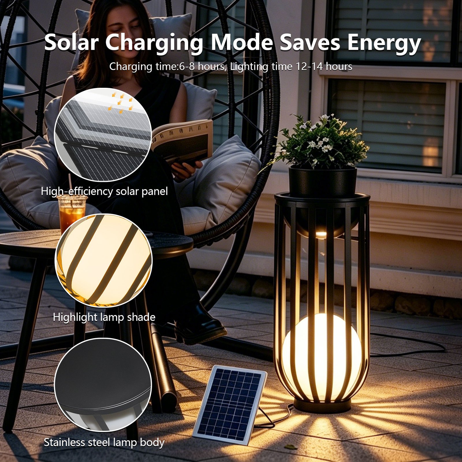26 Inch Solar Outdoor Plant Stand, Black Metal Material and Remote Control - 图片 5