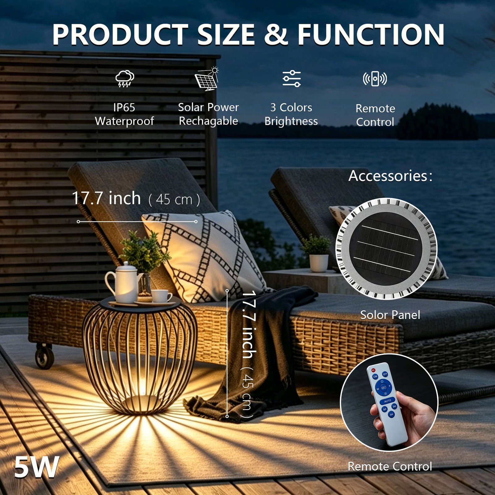 18" Outdoor Solar Side Table, Black Metal Material with Remote - 图片 5