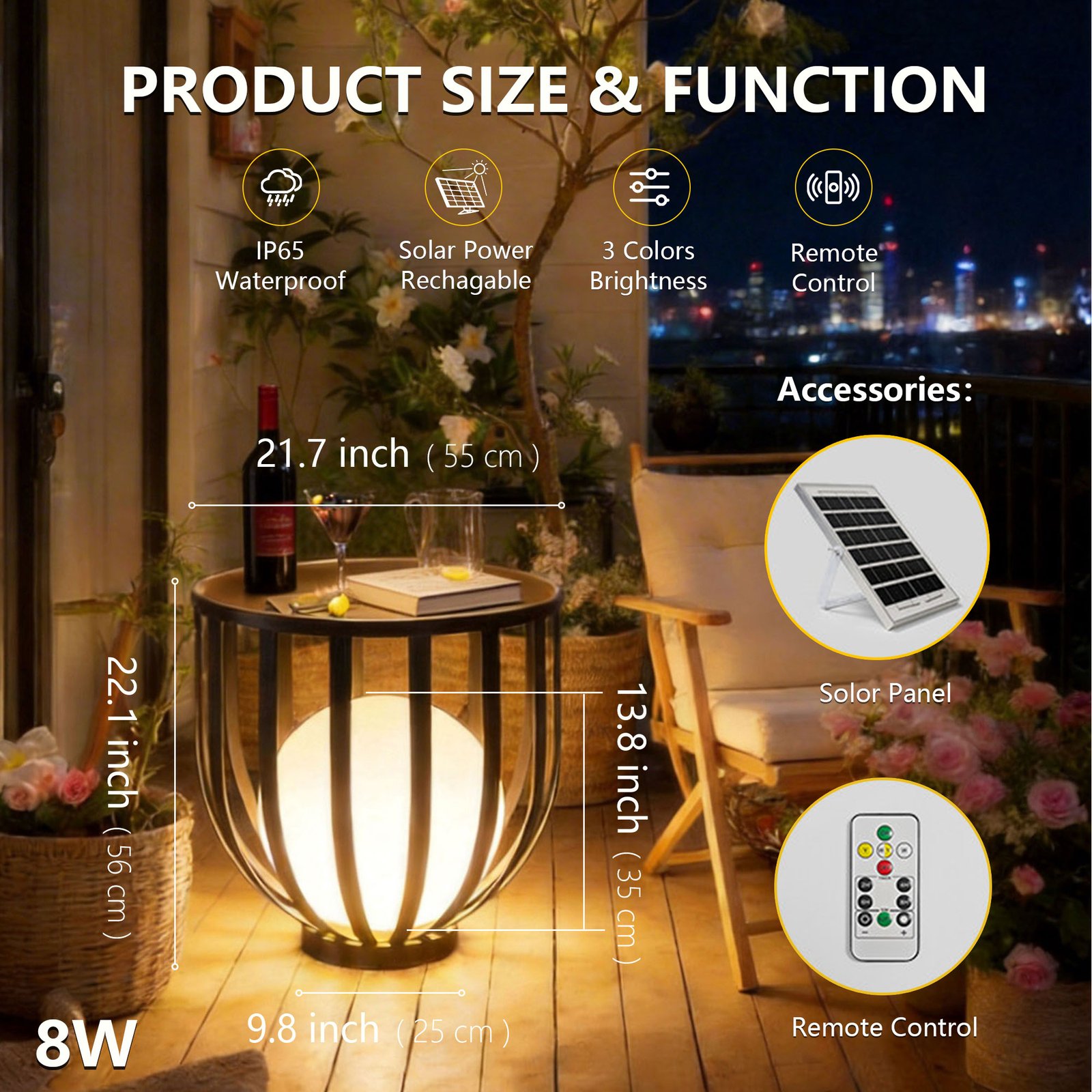 Outdoor Solar Patio Side Table, 20" Black Round Table Made of Metal - 图片 7