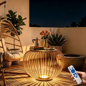 26" Solar Patio Side Table, Black Metal Material with LED Light