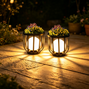 12" Solar Outdoor Side Table, Round LED Metal Patio Table